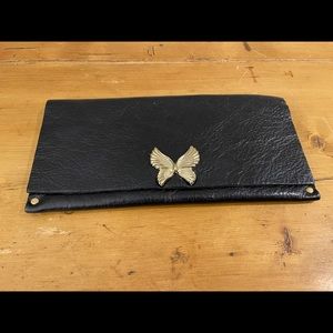 Moss Mills Black Leather Butterfly Clasp Clutch